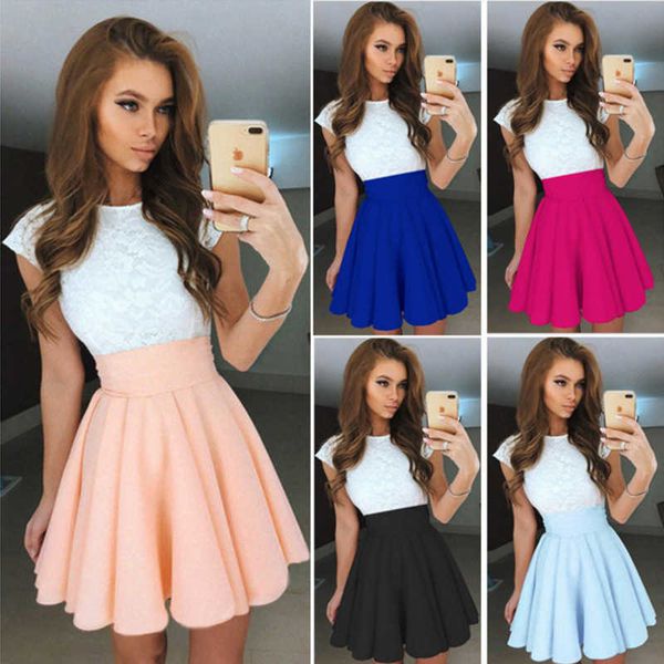 

summer new sleeveless lace stitched puffy waist dress belt, White
