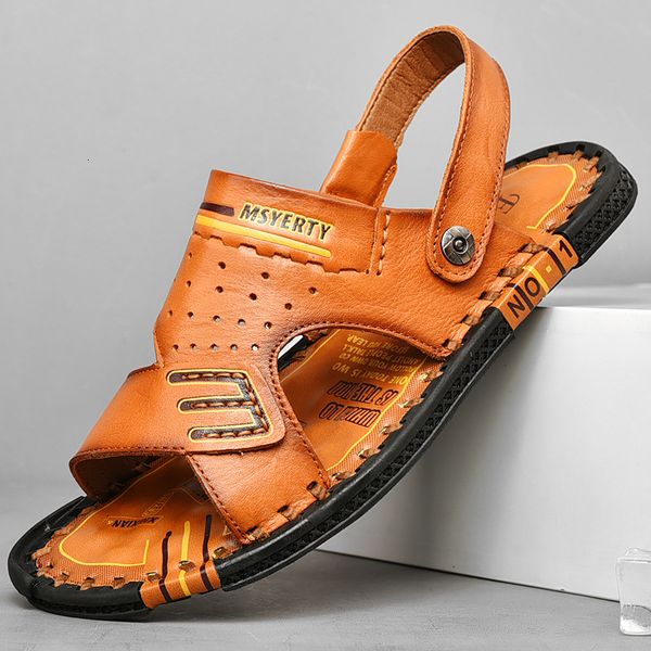 

head men's slippers leather sandals korean fashion open toe soft soled casual beach shoes u4j7, Black