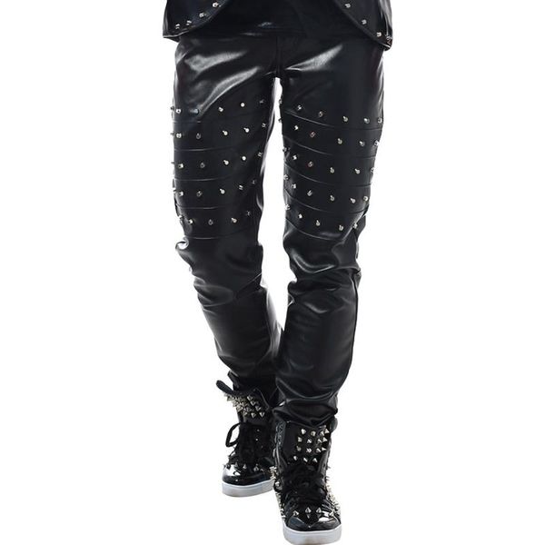 

men's pants aboorun 2021 punk rivets pu leather patchwork slim fit trousers dj singers, Black