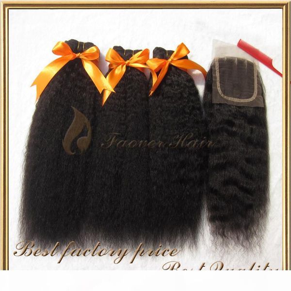 

afro kinky straight coarse yaki brazilian virgin hair 3pcs hair weave with 1pc lace closure mix length 8-28inch 4pcs lot ing, Black