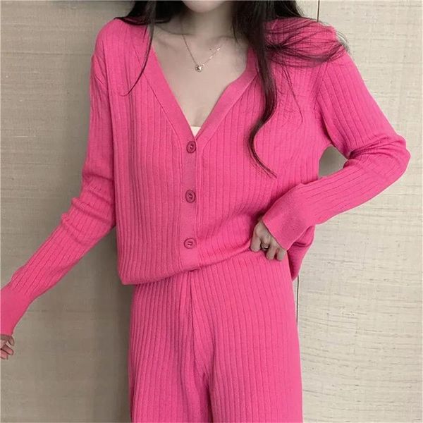 

women's two piece pants harajuku loose knitted suit women sets candy color v neck sweater cardigan and casual straight wide leg cropped, White