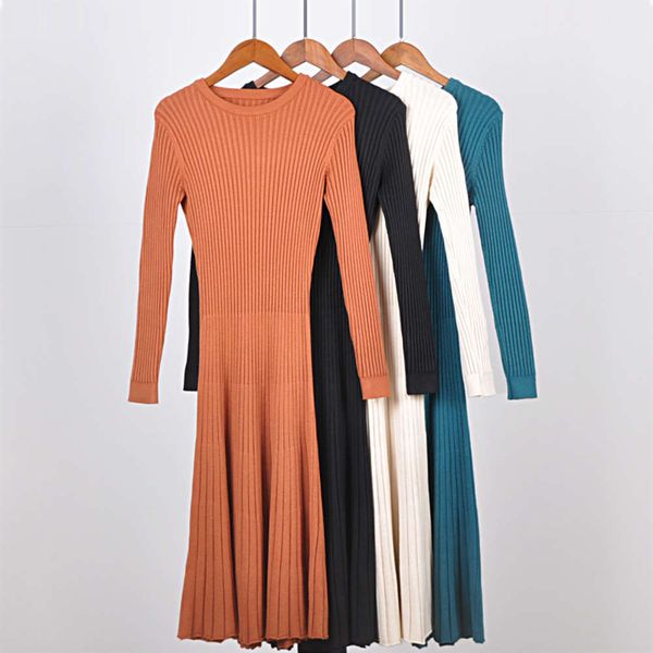 

round neck sleeve dress super long knitting slim large swing vertical groove stripe sweater skirt over the knee, Black;gray