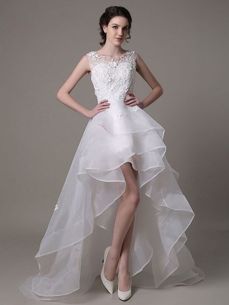 

2021 new asymmetrical organza wedding high low with lace beading flower bridal gowns vestidos de noiva 2ucl, White