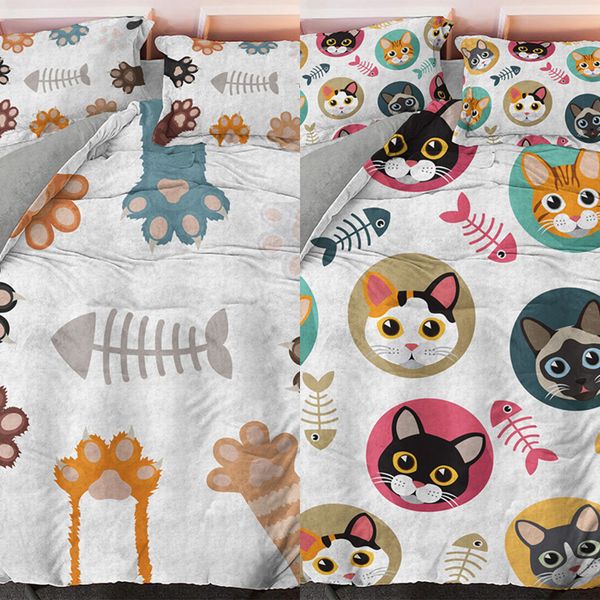 Bonitos animais gatos conjuntos de cama dos desenhos animados gato cão pata miúdos conjunto de capa de edredão impressa colcha 3 pcs rainha rainha king size king size