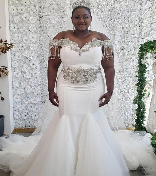 

2021 new beaded crystals african mermaid wedding es black girl women plus size off shoulder tulle bridal gowns ztgx, White