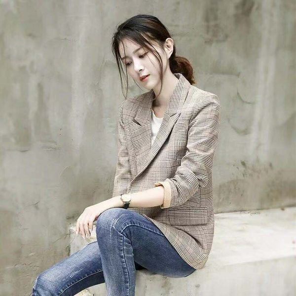 

2021 spring women plaid notched jackets vintage office lady long sleeve blazers female elegant work business outwears, Black;brown