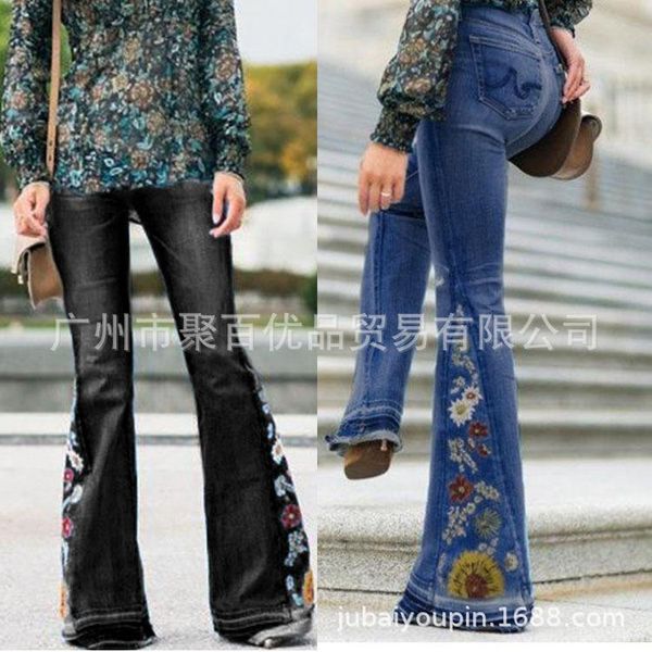 

women's jeans embroidery embroidered trousers cowboy wide-leg bell-bottom pants, Blue