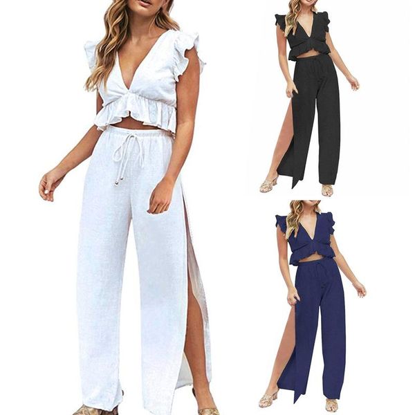 

women's jeans two-piece deep v-neck ruffled blouse side slit drawstring wide-leg pants loose ankle-length trousers female streetwear, Blue