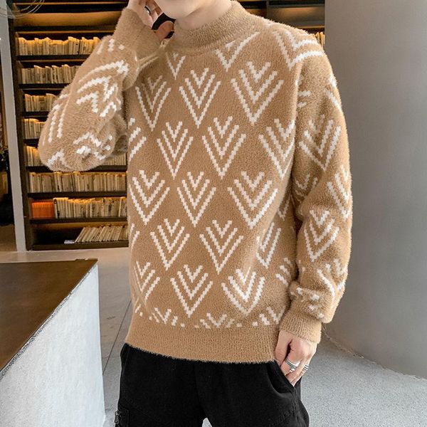 

2021 winter new half high neck mink fleece sweater men's loose thick knit sweater men's solid color korean jacket men, White;black
