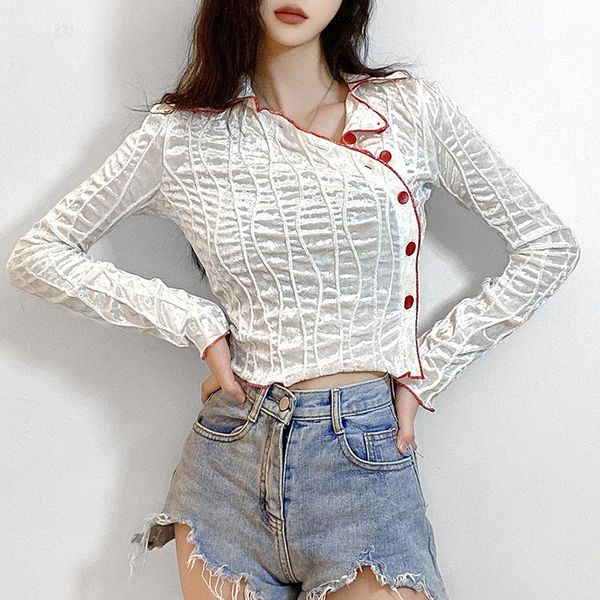 

women's t-shirt 2021 fall white chinese style long sleeve single-breasted tee shirt for women solid crop woman clothing