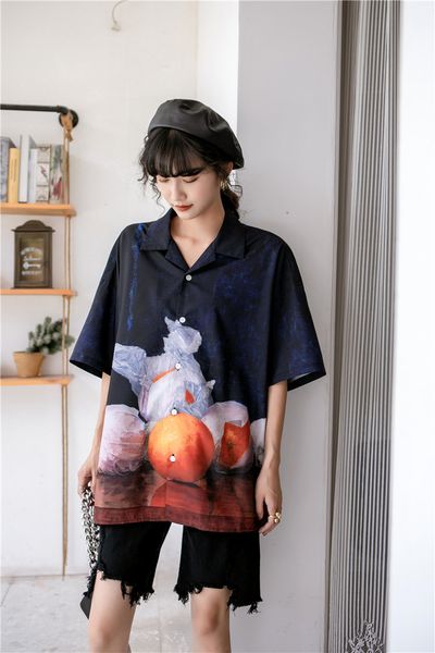

2021 new cuban collar graphic print hawaiian women short sleeve summer button up loose shirt holiday clothing r4dx, White