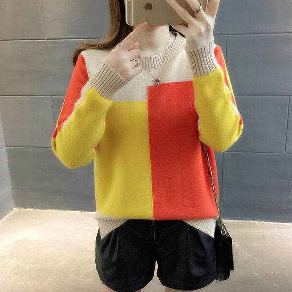 

women's sweaters fashion hit color o-neck pullover knitted sweater women 2021 autumn winter truien dames warm pull femme jumper tricot, White;black
