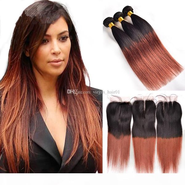 

1b 33 ombre brazilian hair bundles with straight lace closure 4pcs two tone colored hair weave with closure dark brown hair weave, Black;brown