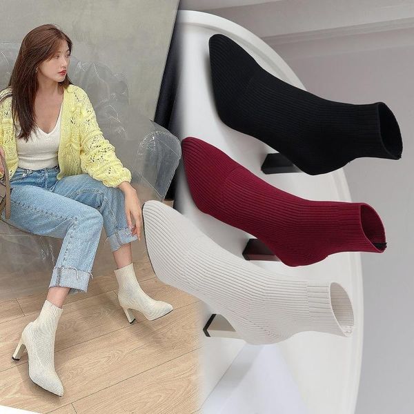 

dress shoes black 6cm metal square heels cotton socks boots women stretch fabric pointed toe ankle for woman boats