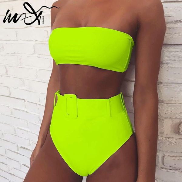 

bikinis set in-x high waist bikini neon swimsuit female belt bandeau 2021 push up swimwear women bathers swimming suit