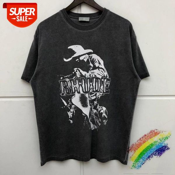 

New RHUDE T-SHIRT Men Women cowboy Printed Top quality Rhude T-shirts Vintage Washed Do Old Oversize Tops Tee #cb71, White;black
