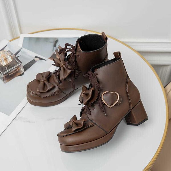 

boots mary jane 2021 lolita female sweet bow brown cute thick-soled leather plus velvet soft sister, Black