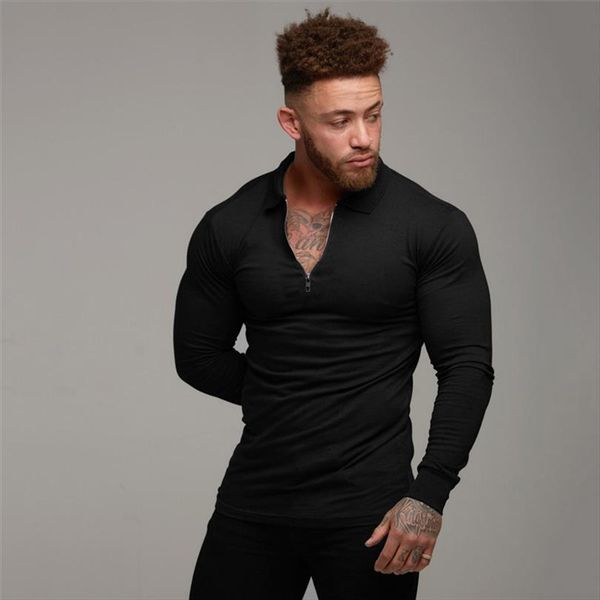 

shirt solid color long sleeve mens polos casual fashion slim fit fitness bodybuilding autumn cotton polosshirt, White;black