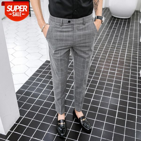 

casual trousers men's thin slim-fitting small feet nine-point suit pants korean version of the trend plaid #vo7v, Black