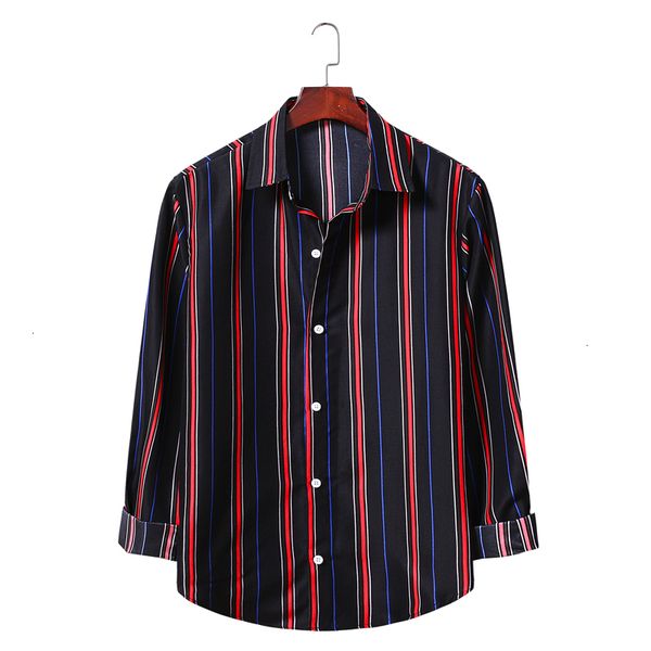 

2021 new casual men long sleeve patchwork chic lapel collar button personality brand striped shirt kiku gds8, White;black