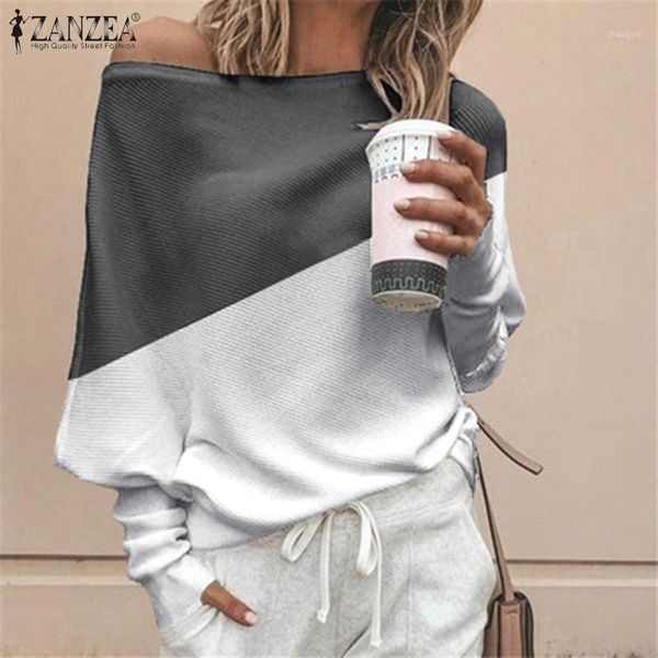 

plus size zanzea off shoulder jumper autumn women casual long sleeve patchwork knitwear pullover blouse knitted shirts 71, White