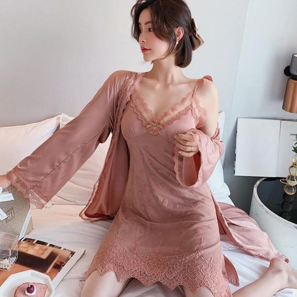 

women's sleepwear robe set women spaghetti strap nightsleepwear lace trim mesh nightgown nightwear satin loose bathrobe home, Black;red