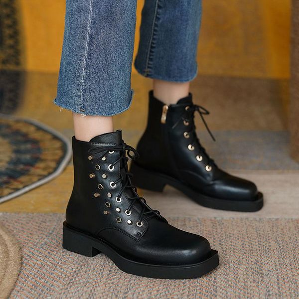 

boots cross-tied women ankle autumn winter platforms genuine leather fashion side zipper leisure thick heels shoes woman, Black