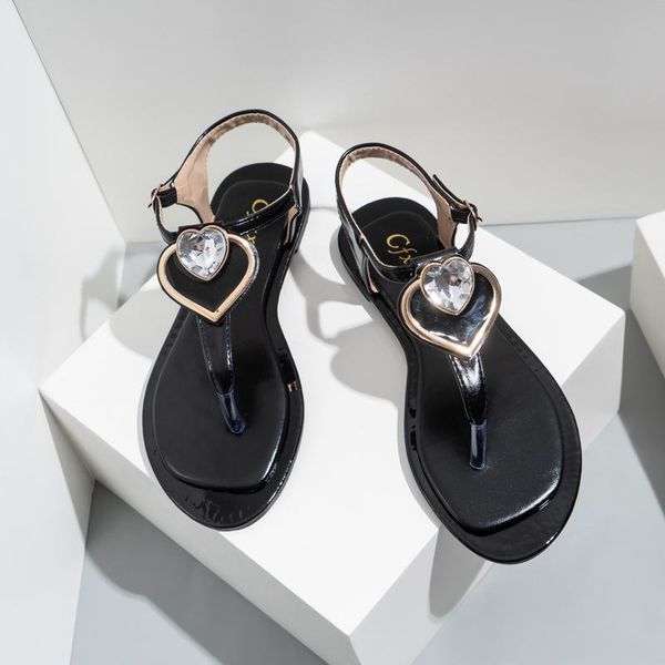 

2021 new summer women's sandals heart shaped rhinestone flip-flops t-type sandals fashion casual flat beach shoes female, Black
