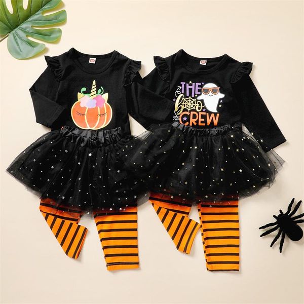 

clothing sets 1-4 years old toddlers girls halloween 3pcs clothes set black o-neck pullover leggings + yarn skirt, White
