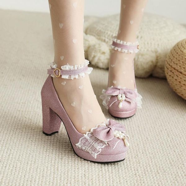 

dress shoes summer ladies heels platform cute bow lace princess mary jane lolita party high heel buckle women pumps purple, Black