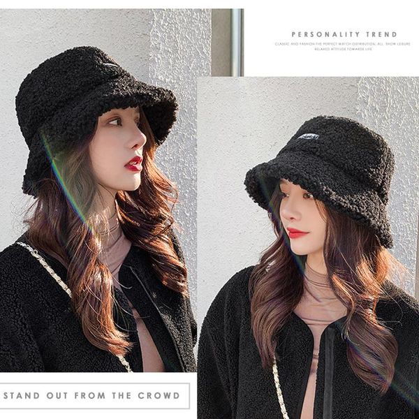 

wide brim hats women hat winter spring artificial fur thick warm plush female cap bucket wool fisherman caps sunscreen panama lady, Blue;gray