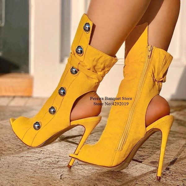 

boots yellow studded peep toe booties pointed zipper cut-out dress shoes hollow high heels runway drop ship, Black