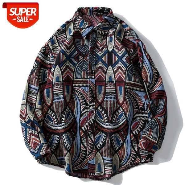 

harajuku national style geometry knitted shirt mens retro ethnic embroidery long sleeve shirts hip hop streetwear button shirt #9h07, White;black
