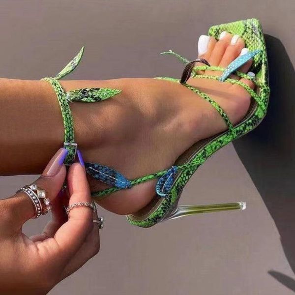 

women's sandals 2021 summer new european and american square head snake pattern high heel shoes women's large sandals, Black