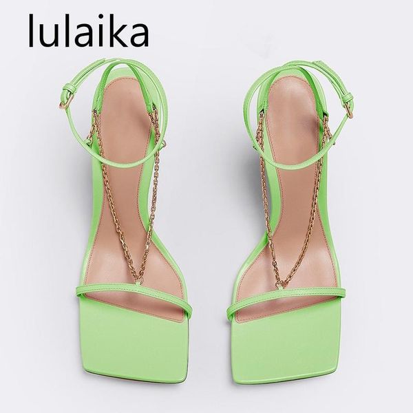 

sandals 2021 summer square toe one word strap thin high heel women metal chain decoration ankle buckle party shoes candy color, Black