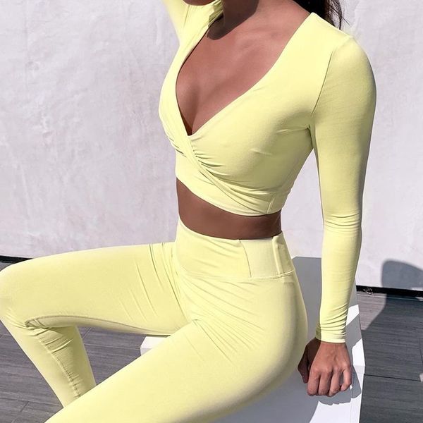 

new crop long pants two piece sportset women spring tracksuit v-neck long sleeve cross bodycon trousers 2piece set 2021, Gray