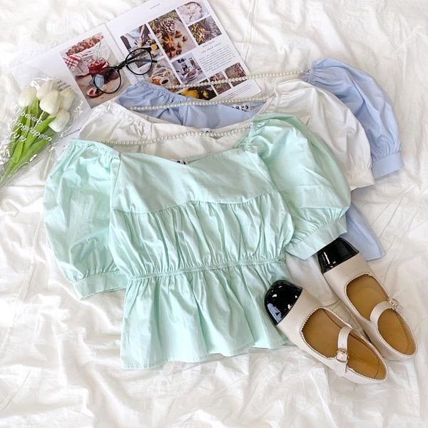 

women's blouses & shirts pearl chain shirt one-shoulder summer sleeves pleated waist short section, White