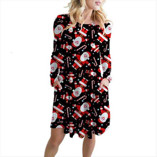 

christmas party year cartoon womens dress santa claus casual long sleeve pockets loose autumn winter, Black;gray