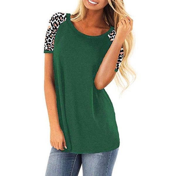 

women's t-shirt summer round neck leopard stitching short-sleeved green xl size, White