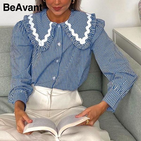 

beavant vintage blue plaid turndown collar shirt button long sleeve cotton blouse ladies cute autumn winter women clothing 2021, White