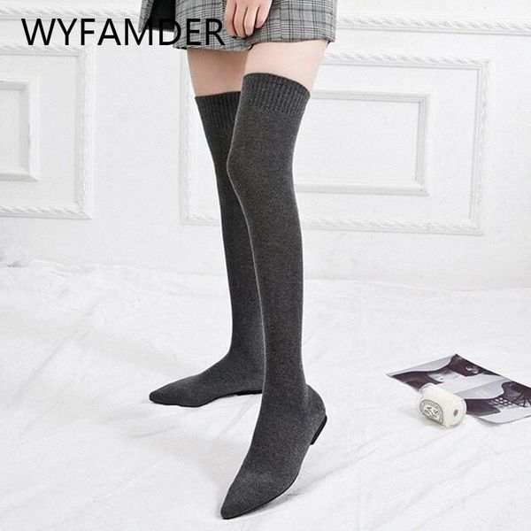

wyfamder 2019 stretch socks boots autumn fashion pointed toe slim long thigh high boots women knitted flat black shoes wb27 k4ww#