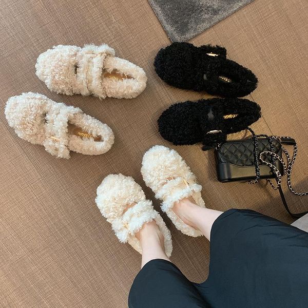 

slippers hairy shoes women's autumn and winter wear fashion 2021 flat-bottom net red curly lamb hair plus fluffy beanie single, Black