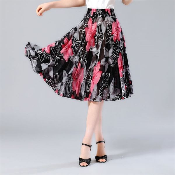 

new summer long print skirts womens elastic high waist elegant pleated skirt plus size faldas saia fashion female casual skirt 210315, Black
