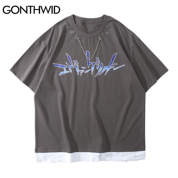 

tees shirts hip hop ripped destroyed holes fake 2 pieces t-shirts streetwear mens harajuku causal short sleeve tshirts 210602, White;black