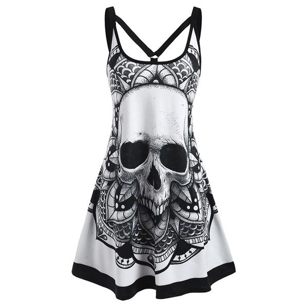 

casual dresses 2021 summer goth plus size skull print women sleeveless mini dress y2k ladies for tver dark academia alt clothes, Black;gray