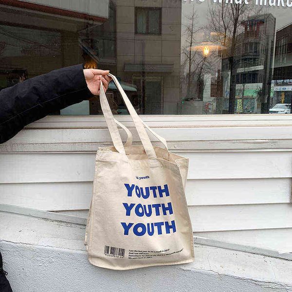 

shopping bags youth letters print canvas for women female cotton cloth shoulder eco tote reusable grocery shopper handbag 220307