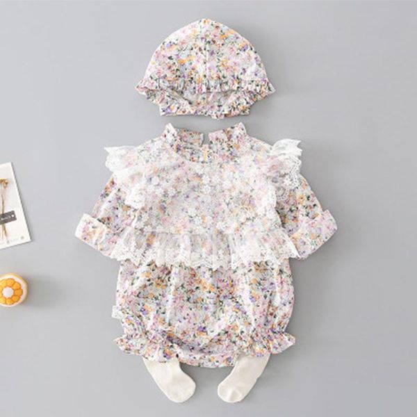 

clothing sets born baby girl clothes set floral lace bib long sleeve romper flower shorts jumpsuits hat outfit infant, White