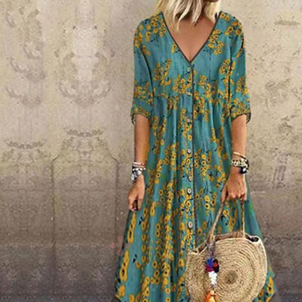 

plus size summer 2021 long dress women v neck floral printed 3 4 sleeve maxi swing dress casual loose dress, Black;gray
