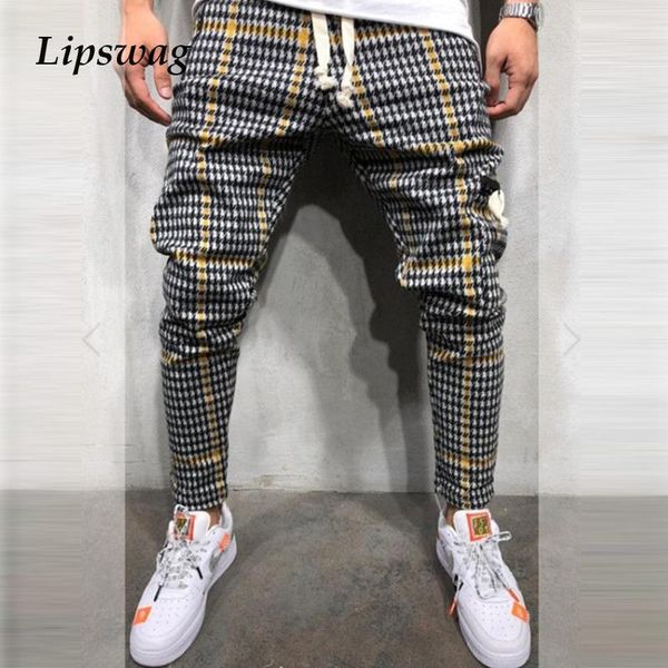 

men's pants casual mens elastic skinny pencil 2021 spring fashion plaid printing slim trousers summer harajuku men clothing streetwear, Black