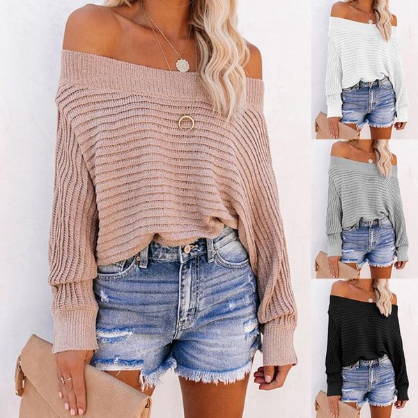 

women's sweaters fall 2021 european and american sweater pit striped batwing sleeve off-the-shoulder knitted pullover top, White;black